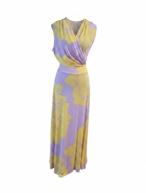 New York & Company Vintage Y2K Lavender & Yellow Floral Wrap-Style Maxi Dress L